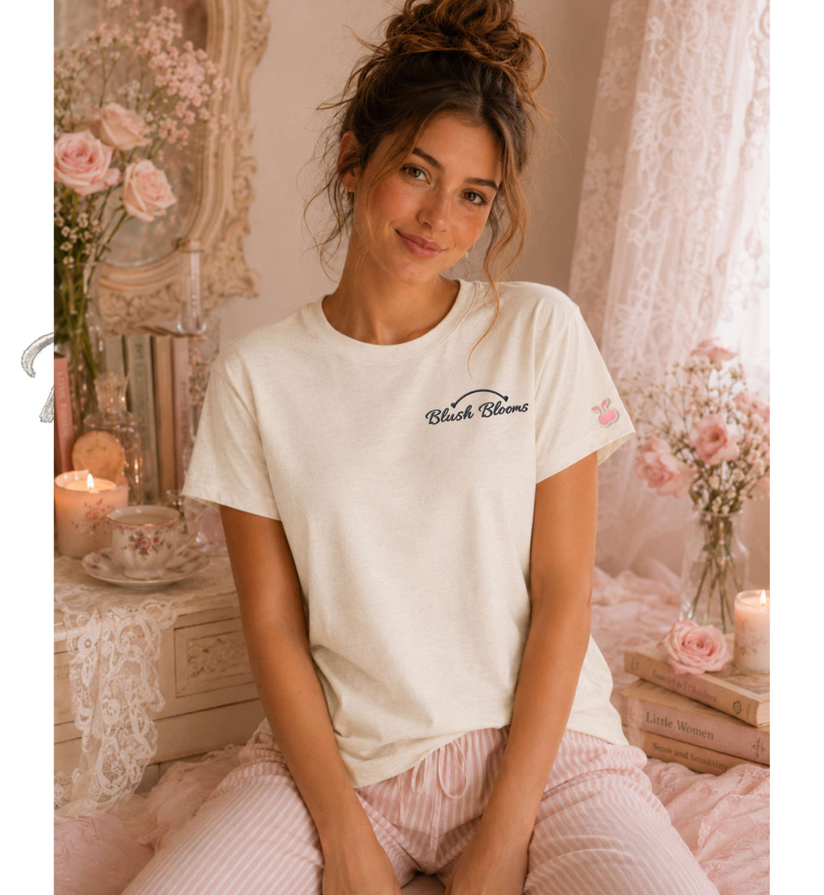 Blush Blooms Tee--Charcoal Embroidery