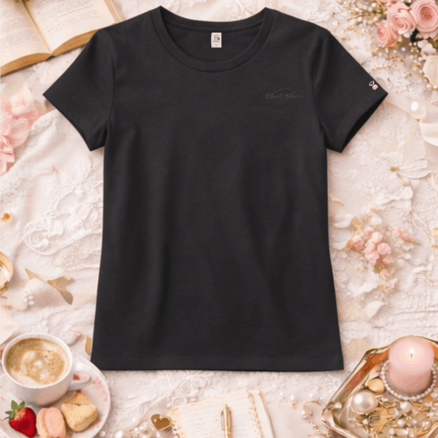 Blush Blooms Tee-Charcoal Embroidery